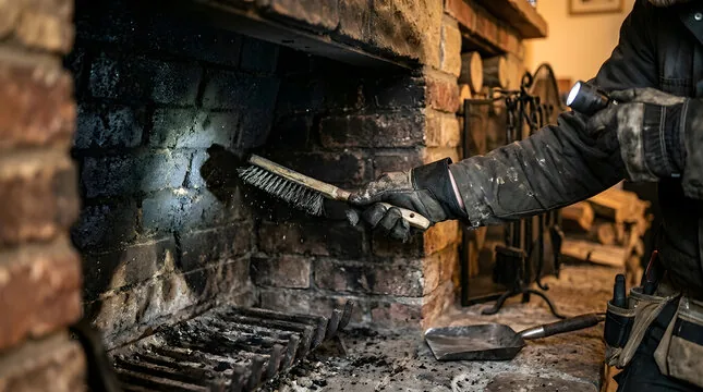 Brushing soot out of a firebox under a flashlight