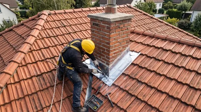 Roofer in harness and hard hat fitting metal flashing around a brick chimney on a red tile roof