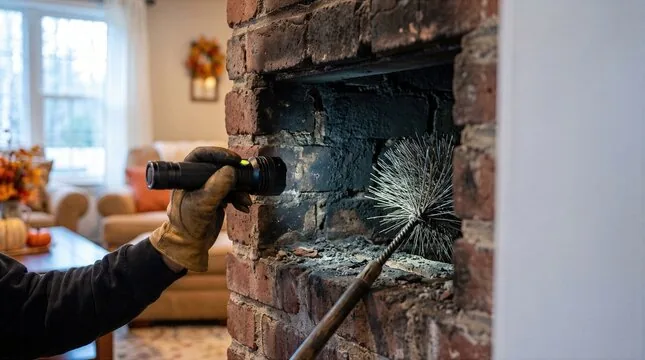 Flashlight check of a living room fireplace