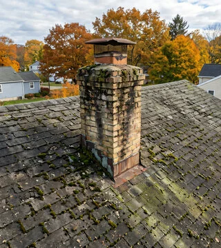 Before: grimy, moss-covered chimney on a weathered roof