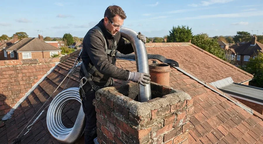 Harnessed technician installing a stainless chimney liner on a tile roof